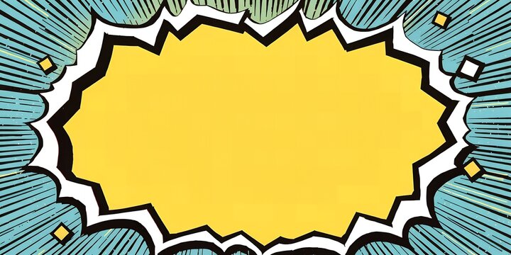 A vibrant yellow comic book speech bubble with a dynamic blue and black border and white highlights on a white background