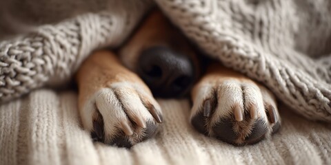Obraz premium The dog paws and nose peeking out from a cozy knitted blanket