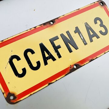 A close-up view of an aged, rectangular metal plate, displaying a unique combination of alphanumeric characters, showing rust