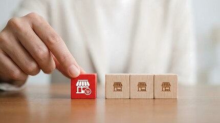 Naklejka premium Business Retail Chain Development with Wooden Shop Blocks
