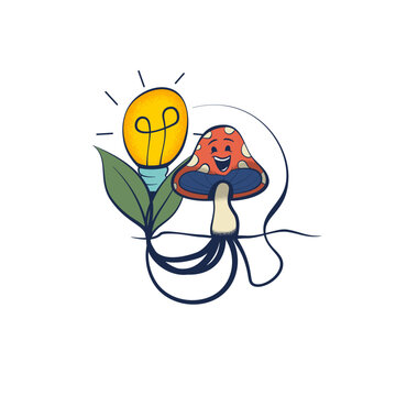 Retro Cartoon Mushroom with Eco Light Bulb Plant &mdash; Groovy Green Energy Nature Vector