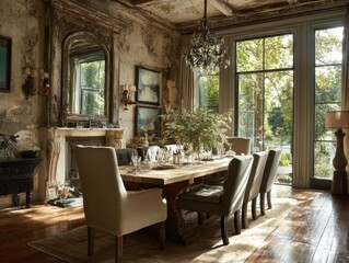 Fototapeta premium rustic chic dining room with natural sunlight