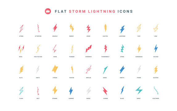 A dynamic collection of flat icons showcasing lightning bolts, storm symbols, and energy visuals. Perfect for illustrating power, electricity, and high-voltage themes, vector illustration.
