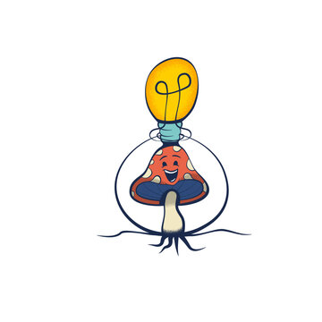 Retro Cartoon Mushroom with Light Bulb in Circle Frame &mdash; Groovy Logo Style Vector
