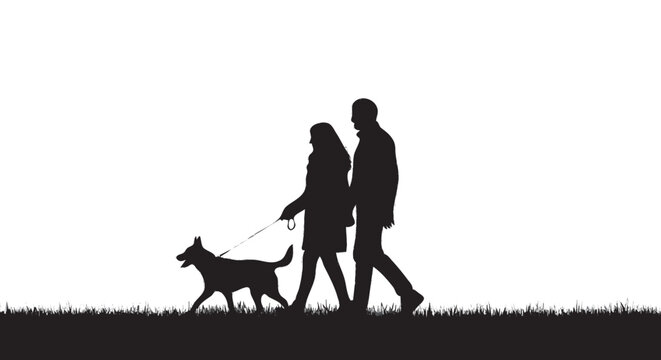 silhueta de casal passeando com cachorro conceito de familia amor e vida cotidiana isolado sobre fundo branco