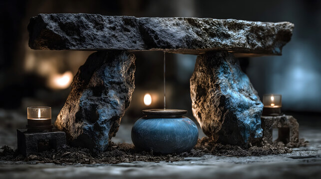 Pre-Qin Mid-Autumn Moon Sacrifice Illustration, Basalt Altar, Full Moon Divine Light, Bronze Jue, Jade Cong, Cosmic Nebula for Commercial Use
