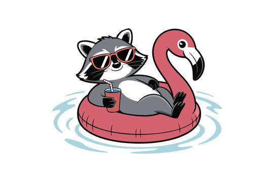 Raccoon wearing sunglasses floating on pink flamingo raft in water with a drink