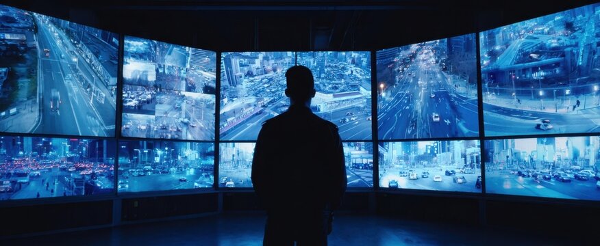The person silhouetted against multiple surveillance screens showing city traffic at night