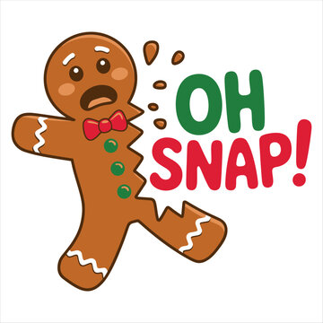 Scared gingerbread man cookie sweating with a wide eyed expression next to the humorous OH SNAP text