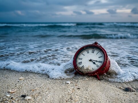 Vintage red alarm clock partially buried in sand with ocean waves in background at dusk