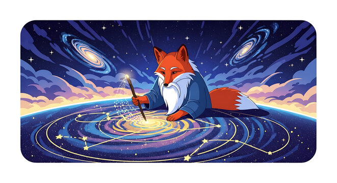 A whimsical cartoon fox in a wizard robe conjures magic on a starry night sky with planets and galaxies