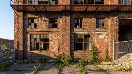 Fototapeta premium Abandoned Brick Factory Facade with Broken Windows and Overgrown Weeds