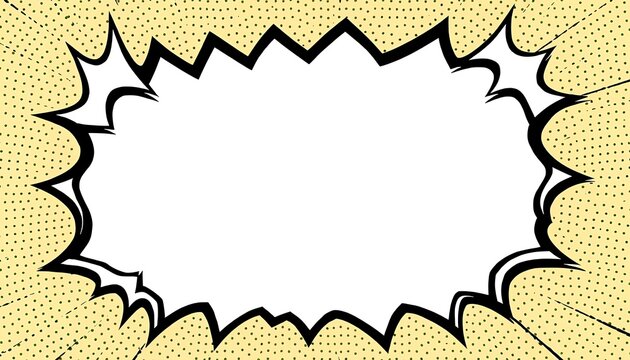 A comic book style speech bubble with a white interior and black outline on a yellow background with black dots and lines