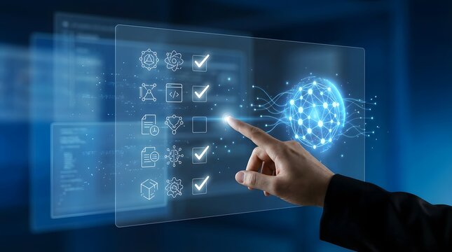 Human hand interacting with a futuristic holographic interface, selecting an option on a digital checklist with glowing nodes and data streams, symbolizing advanced technology and decision-making.