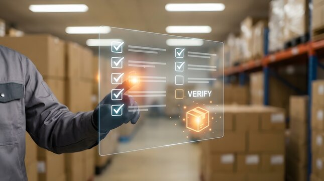 Person using digital checklist interface to verify inventory and quality control in a warehouse setting.