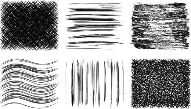 Grunge texture backgrounds set, hand drawn scribble and brush strokes, abstract rough patterns collection, cad drawing flat vector illustration