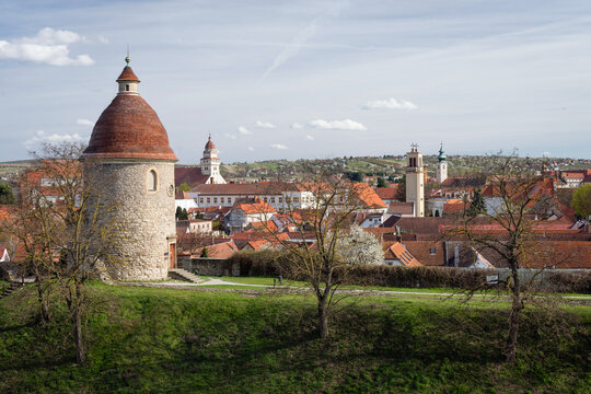 Panoramic skyline of Skalica town in Slovakia with the ancient Rotunda of St. George and church towers surrounded by traditional red tiled roofs