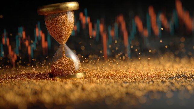 Symbolic golden hourglass with grains turning into stock charts as they fall, concept of long - term