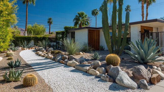 Desert garden landscape design with xeriscape plants. Drought tolerant cacti agaves and succulents grow along gravel path near modern home exterior.