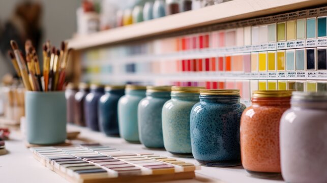 Eyelevel view of ceramic glaze jars and color charts arranged on shelves with bisque test tiles in sharp focus and brushes resting nearby in gentle blur.