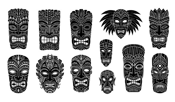 Tribal mask vector set Polynesian tiki voodoo hawaiian tahiti ceremonial illustration