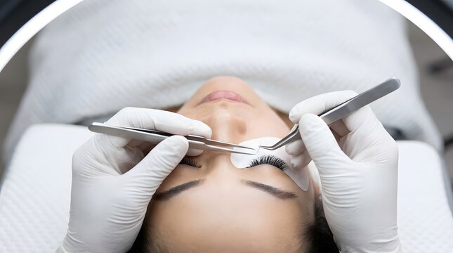 Professional beautician applying eyelash extensions to young Asian woman in beauty salon