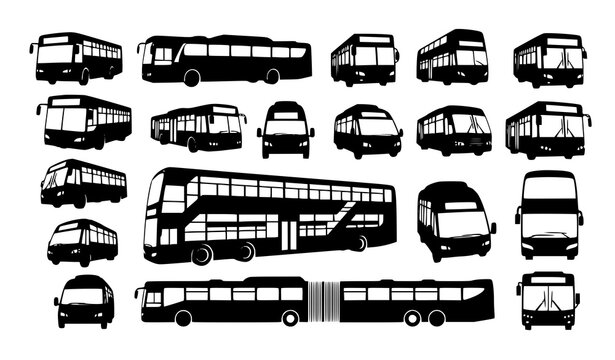 Bus silhouette set collection single and double deck transport vector icons