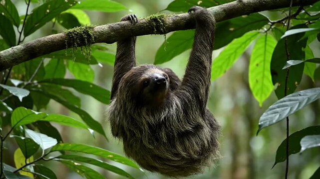 Three-toed sloth slowly hanging upside down from a mossy tree branch in a dense tropical rainforest looking directly forward, nature wildlife video footage.