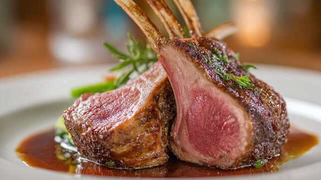 Perfectly cooked medium rare rack of lamb rests elegantly on a white plate with rich sauce