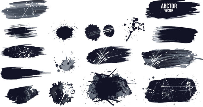 Black Ink Brush Strokes and Grunge Paint Splatter Texture Vector Illustration Set