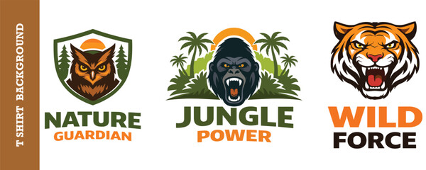 Wildlife t-shirt design set featuring owl, gorilla, and tiger, ideal for nature lovers. © jubayer95