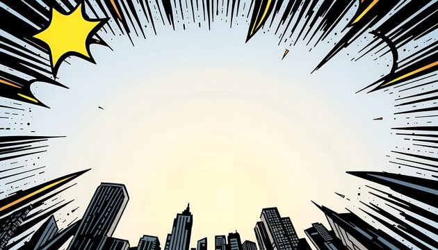 A comic book style illustration of a city skyline with a yellow star in the corner and dynamic black and yellow lines radiating from the edges