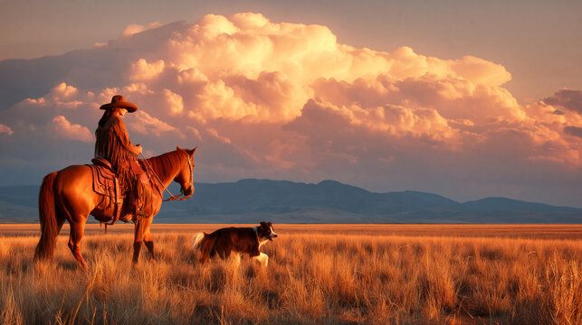 Rider and his Loyal Companion: Silhouette of a cowboy, astride his horse, alongside a faithful dog, silhouetted against a vast and vibrant sunset, painted with warm hues of orange and gold. 