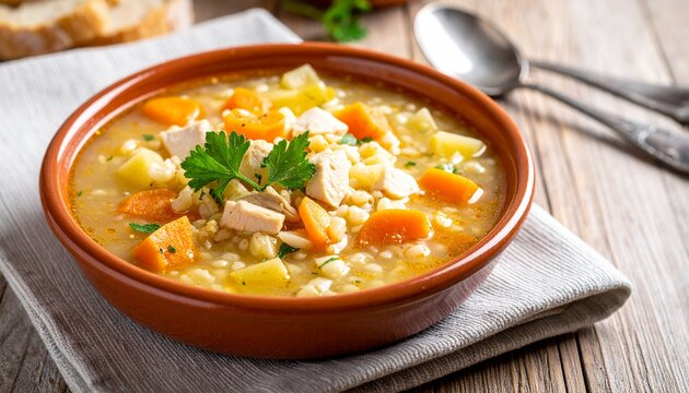 H&uuml;hnersuppe mit Gerste