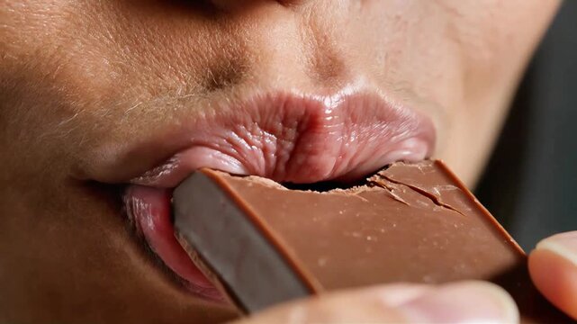 Chocolate Eating Person Eating a Chocolate Bar Extreme Close Up