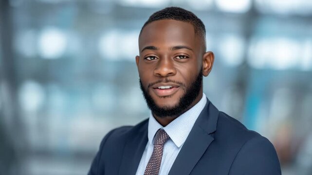 A sharp, professional headshot of a handsome young Black man with a neat beard, wearing a dark blue suit, white shirt, and tie