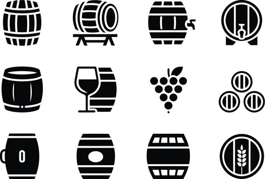 Wine brewery and alcohol fermentation icon set in black silhouette