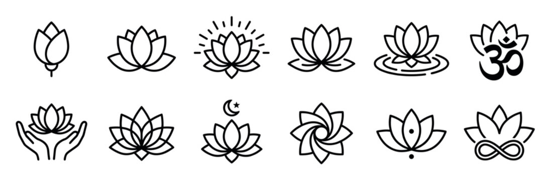 Lotus flower icons collection representing spiritual growth, meditation, yoga, and wellness in various line art styles.