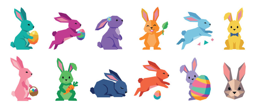 Colorful geometric rabbits and Easter bunnies in various poses, some holding eggs and carrots, perfect for holiday designs.