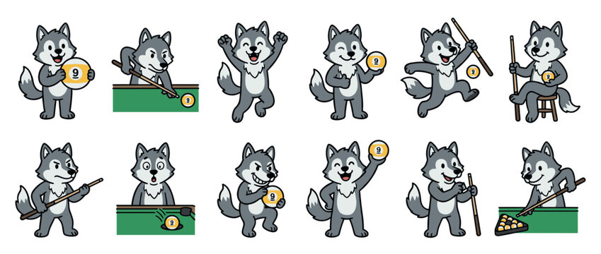 Cartoon wolf characters playing billiards, holding cue sticks and 9-balls, showing various emotions like happiness and concentration in a fun vector illustration.