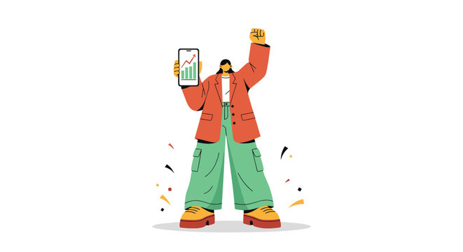 Celebratory man, victorious person, happy winner, colorful illustration