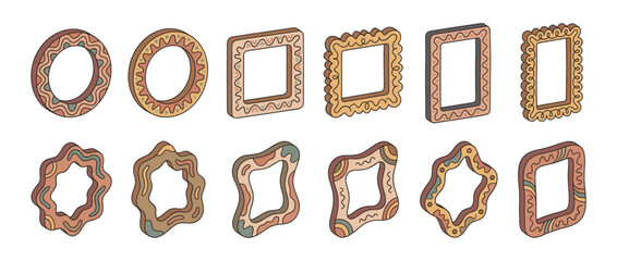 Naklejka premium Collection of various decorative frames in different shapes and sizes, featuring a unique boho-style pattern and isometric perspective.