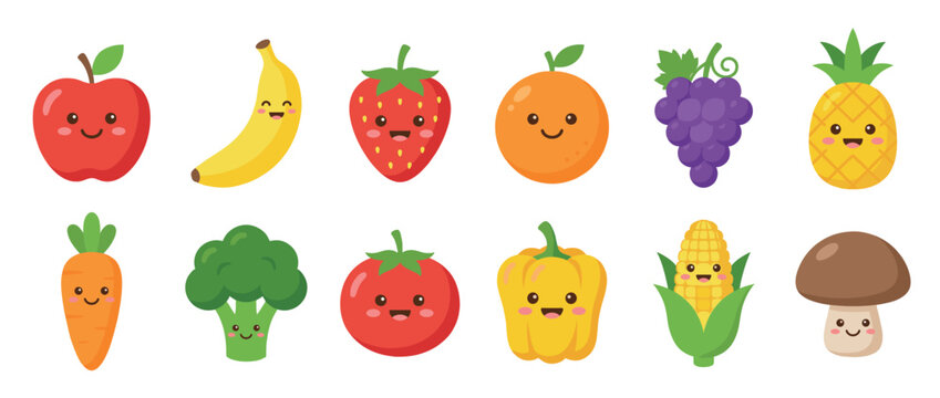 Cute cartoon fruits and vegetables with happy smiling faces arranged in a colorful collection for healthy eating concepts.