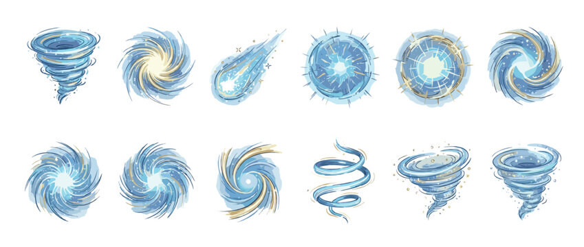 Stylized blue swirling wind and water elements, including tornadoes, whirlpools, and energy spheres, in a dynamic vector illustration set.