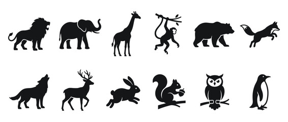 Fototapeta premium Collection of various wild animal silhouettes including lion, elephant, giraffe, monkey, bear, fox, wolf, deer, rabbit, squirrel, owl, and penguin.