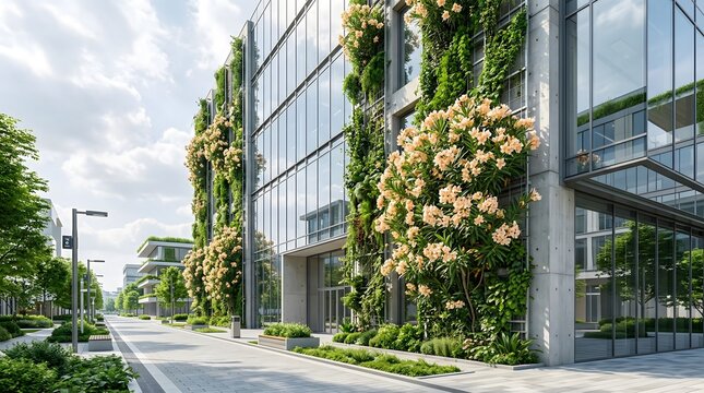 Sustainable vertical garden featuring apricot nerium oleander flowers integrated into a modern glass and concrete building facade in a futuristic green city.