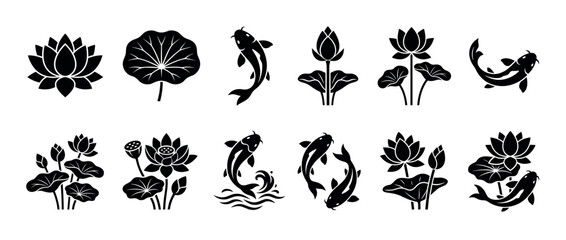 Fototapeta premium Collection of elegant black lotus flower and koi fish silhouettes, featuring various aquatic plant elements and swimming carp icons.