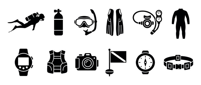 Scuba diving equipment icons set featuring various essential gear for underwater exploration and adventure.