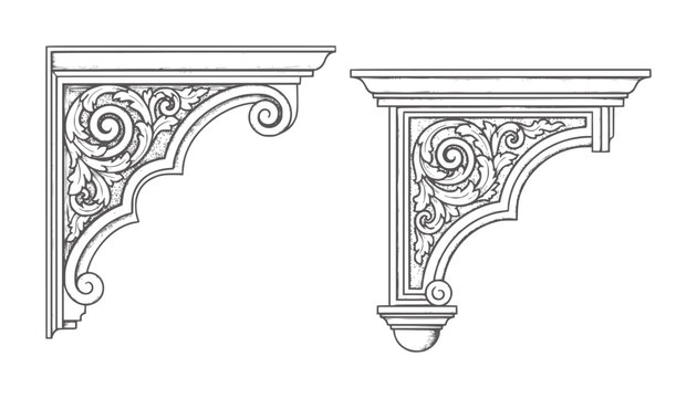 Two ornate architectural corbels with scrollwork and leaf motifs
