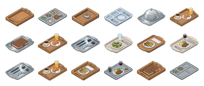 Isometric pixel art collection of various serving trays with different meals, breakfast, lunch, dinner, and other items.